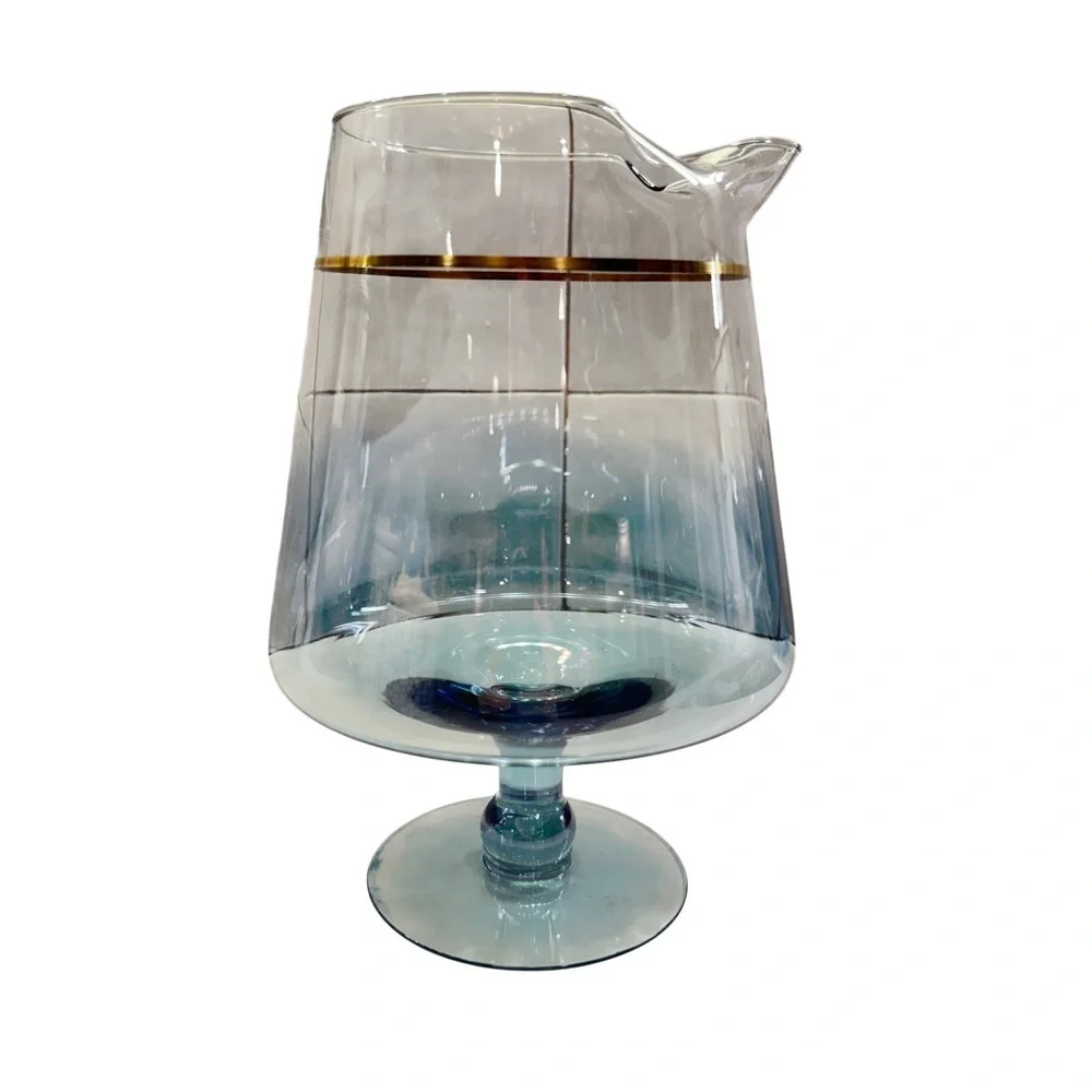 Vintage Footed Glass Pedestal Pitcher Gold Band Clear Art Glass